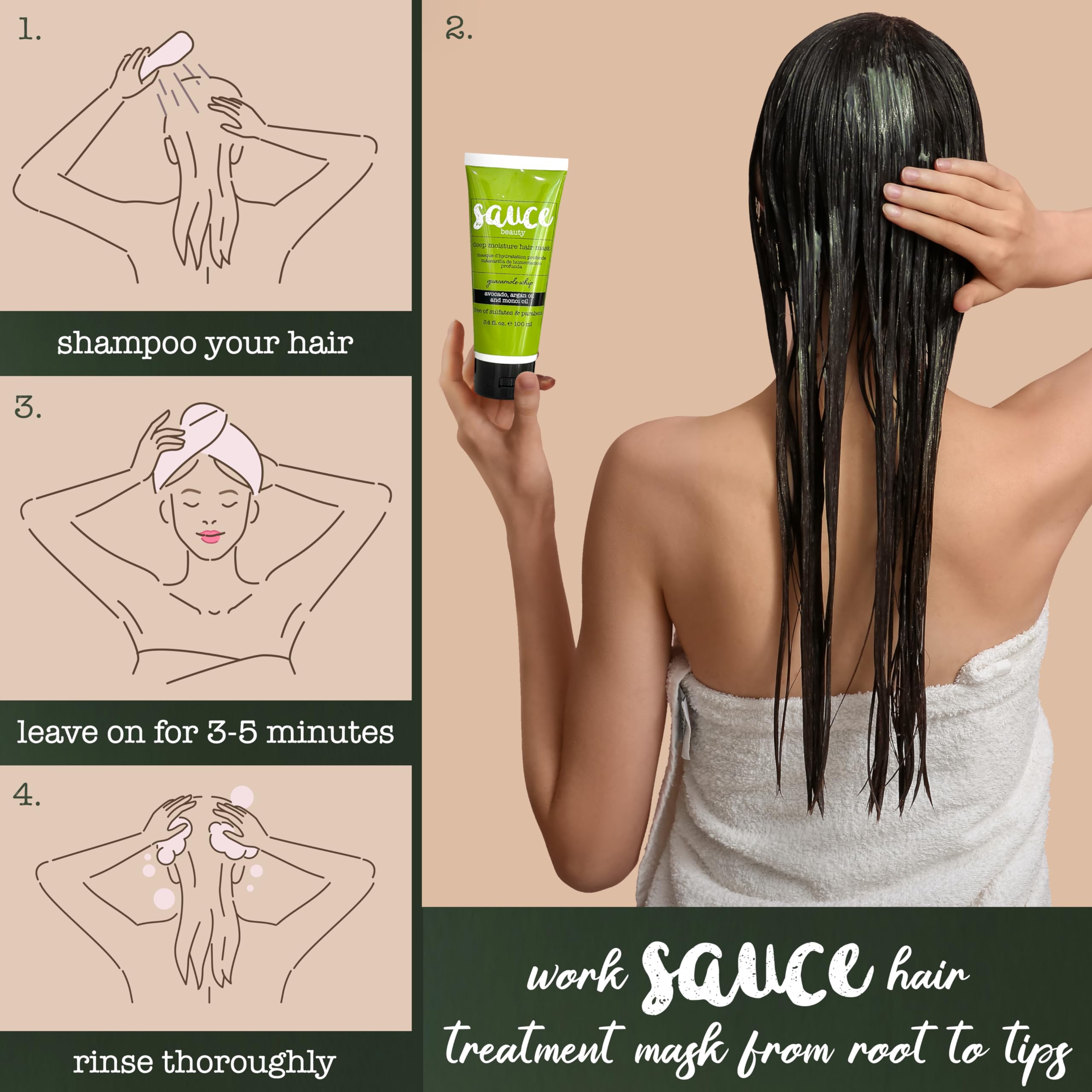 SAUCE BEAUTY Guacamole mascarilla para cabello: ingredientes naturales de aguacate y miel.