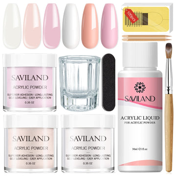 SAVILAND acrylic powder close-up in clear pink nude blend for natural-looking nails.