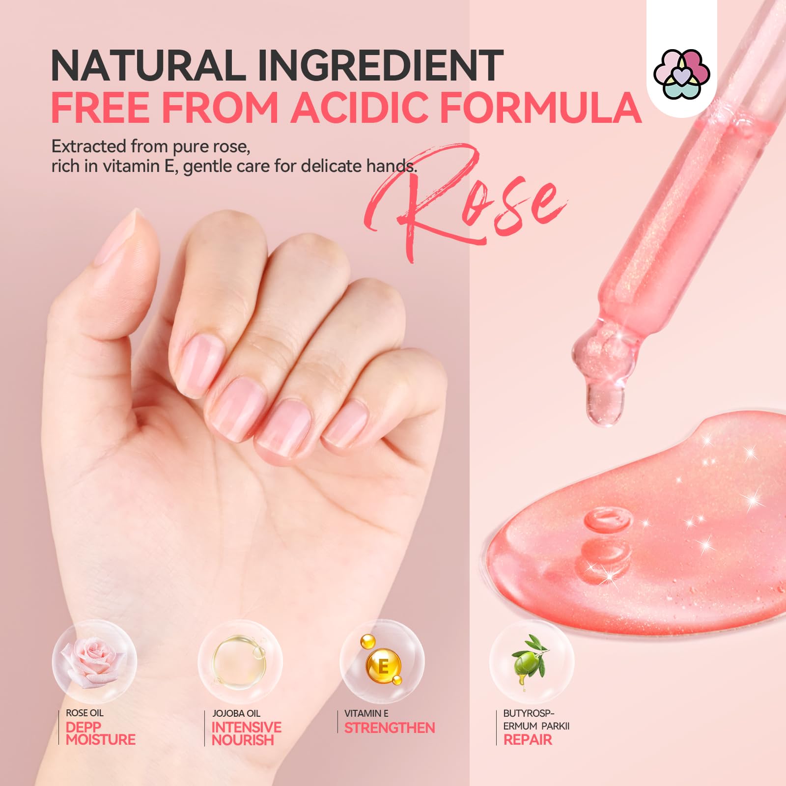 Aplicación suave en manos para reparar uñas secas sin residuo grasoso.
