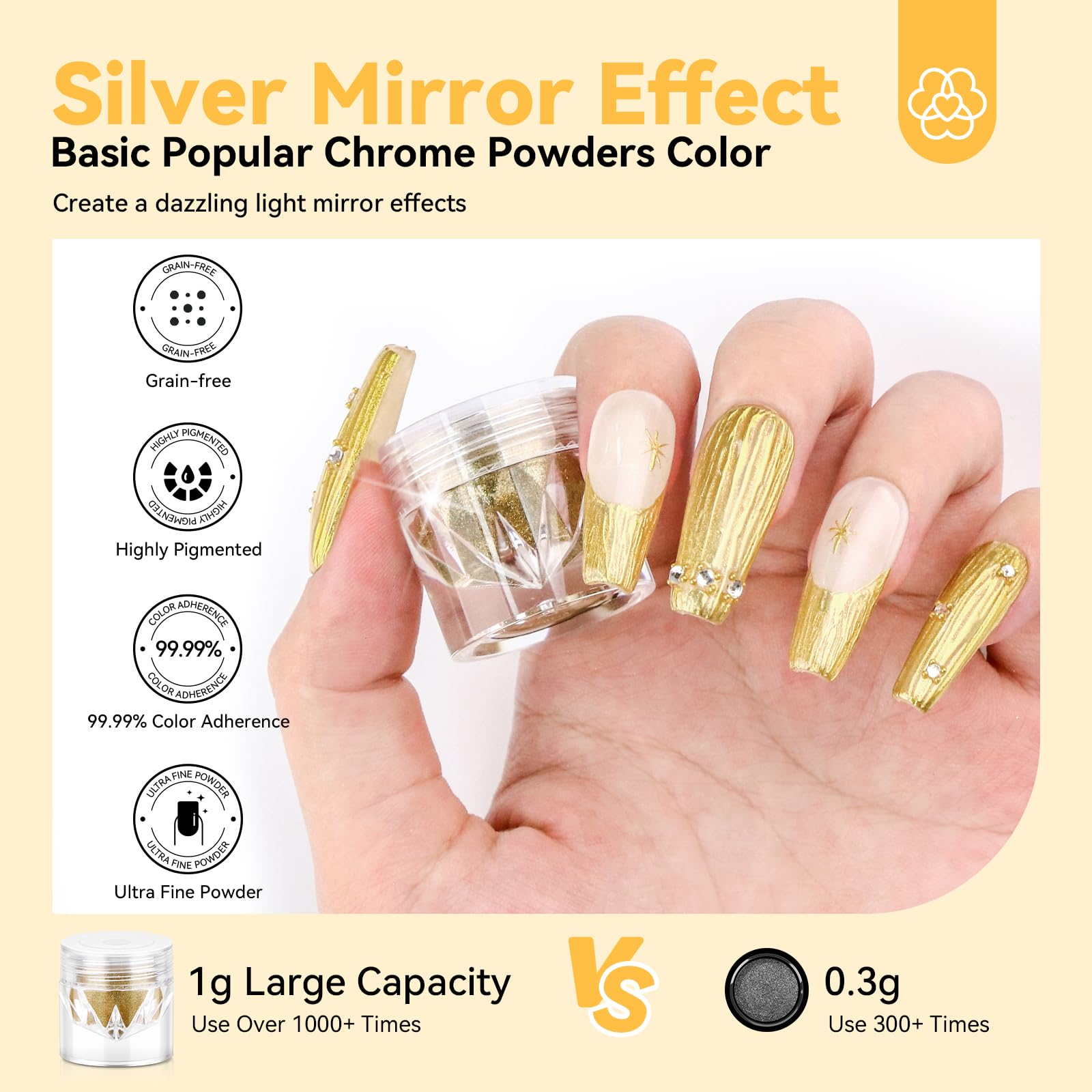 Aplicación del polvo cromo dorado sobre gel UV para brillo intenso