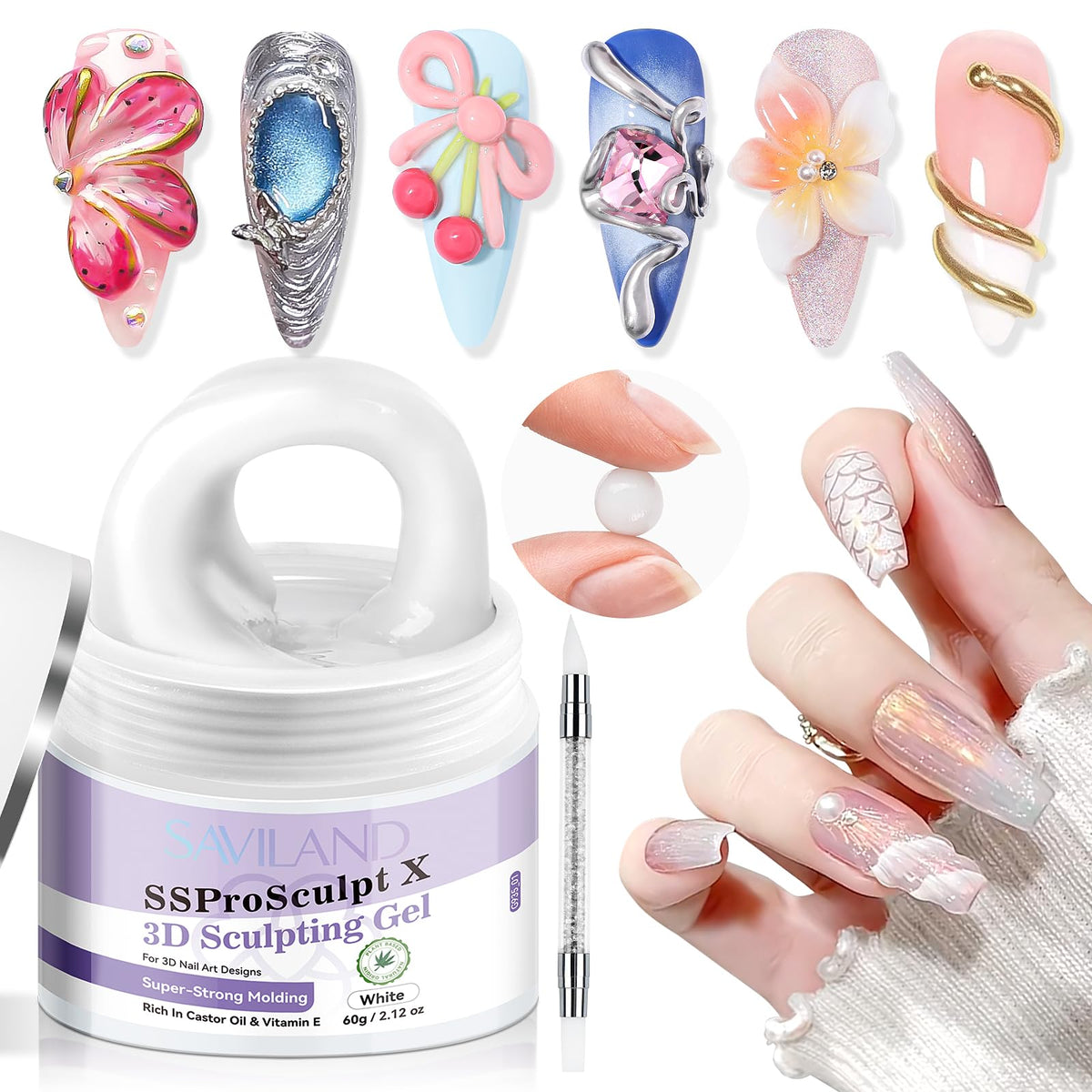 SAVILAND gel-escultura-3d-uñas blanco, forma resistente para arte 3D duradero.