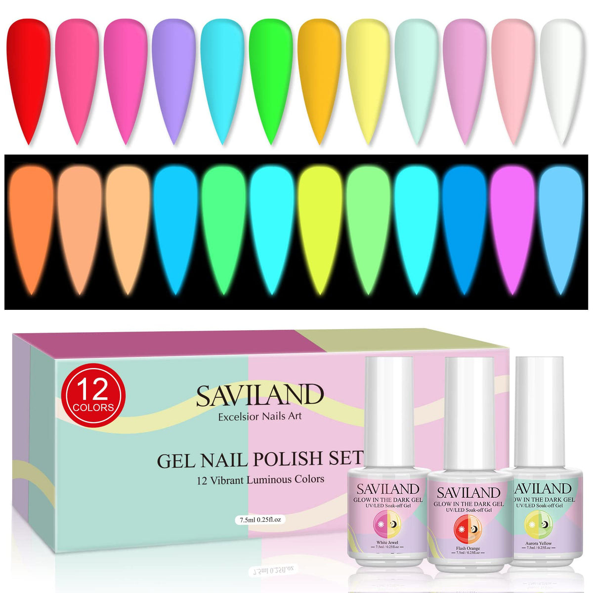 SAVILAND glow en oscuridad: set de 12 colores que brillan para uñas vistosas.