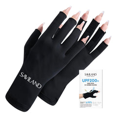Guantes UV Saviland negro frontal, protección UV para uñas durante manicura.