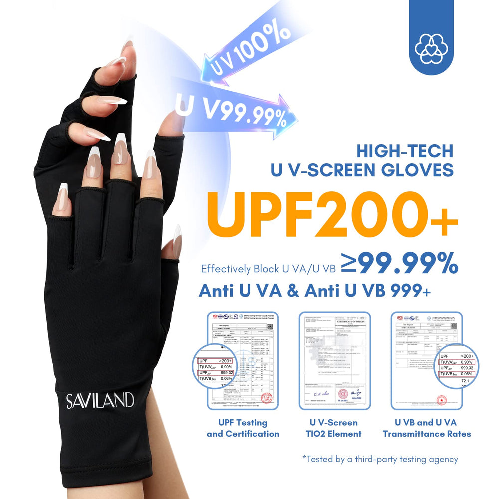Guantes UV Saviland negro en mano, uso cómodo para sesiones de gel.