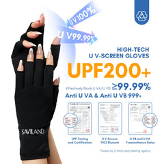 Guantes UV Saviland negro en mano, uso cómodo para sesiones de gel.