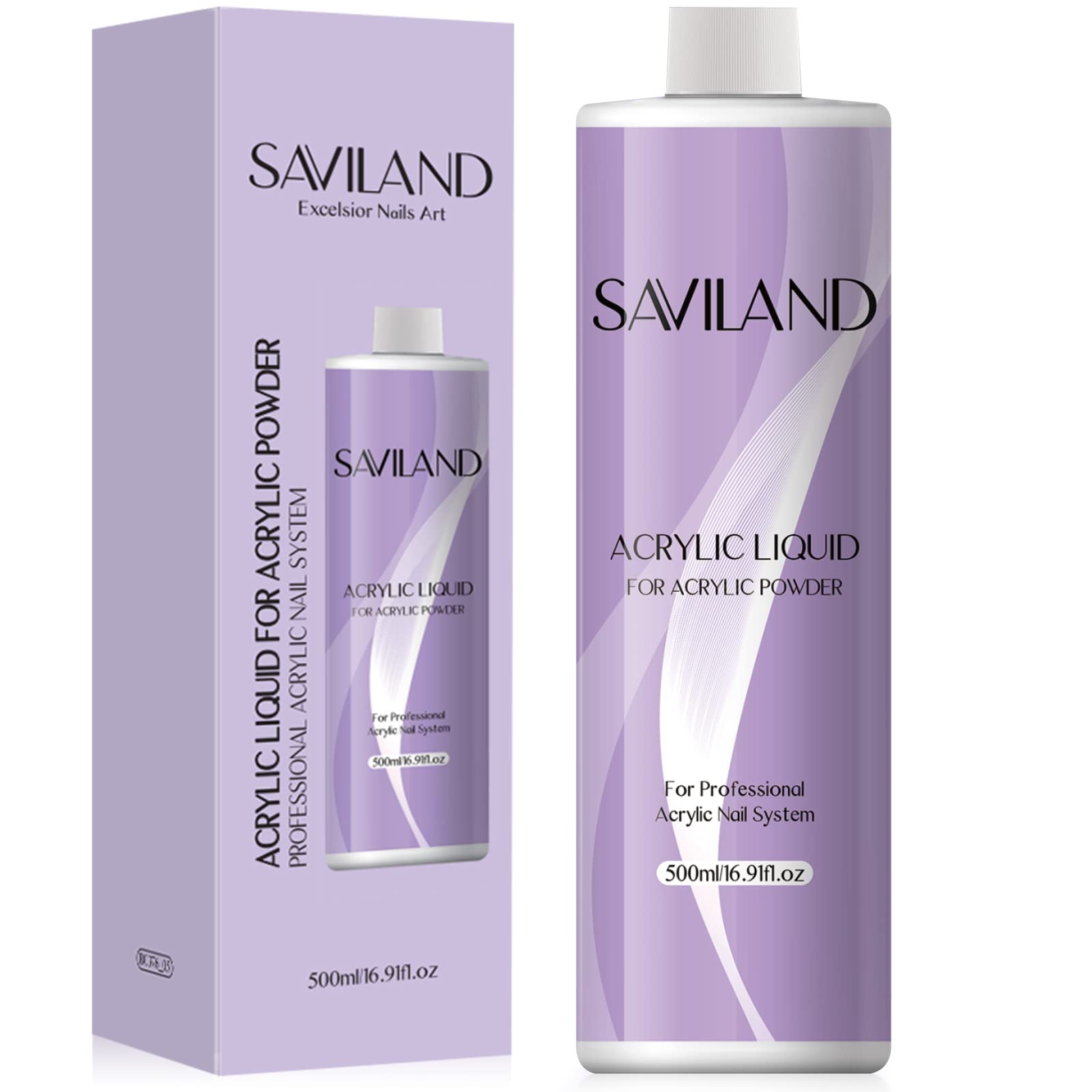 Saviland líquido acrílico en bote de 500 ml para uñas extendidas y claras.