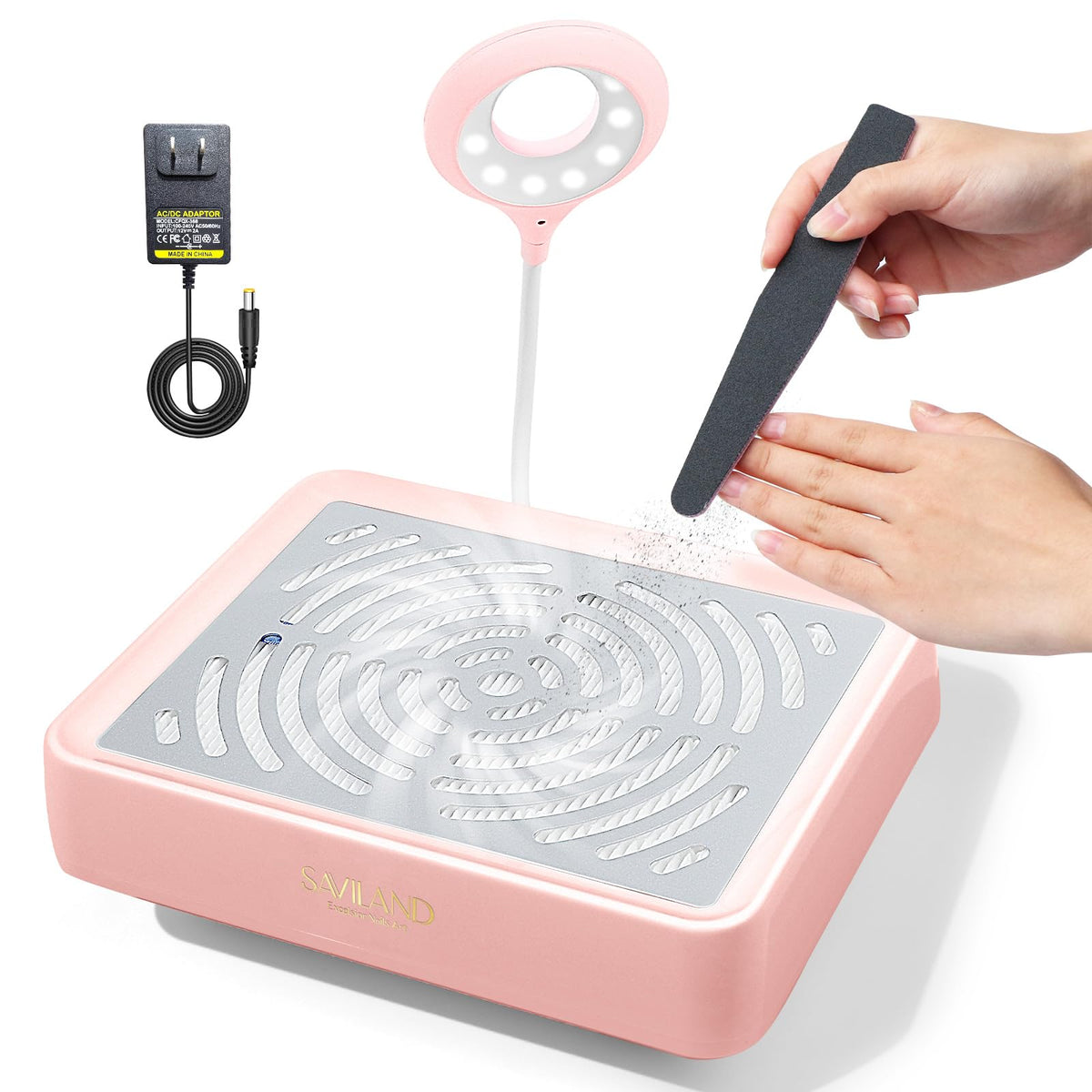SAVILAND Nail Dust Collector con lámpara frontal para iluminación durante manicura.