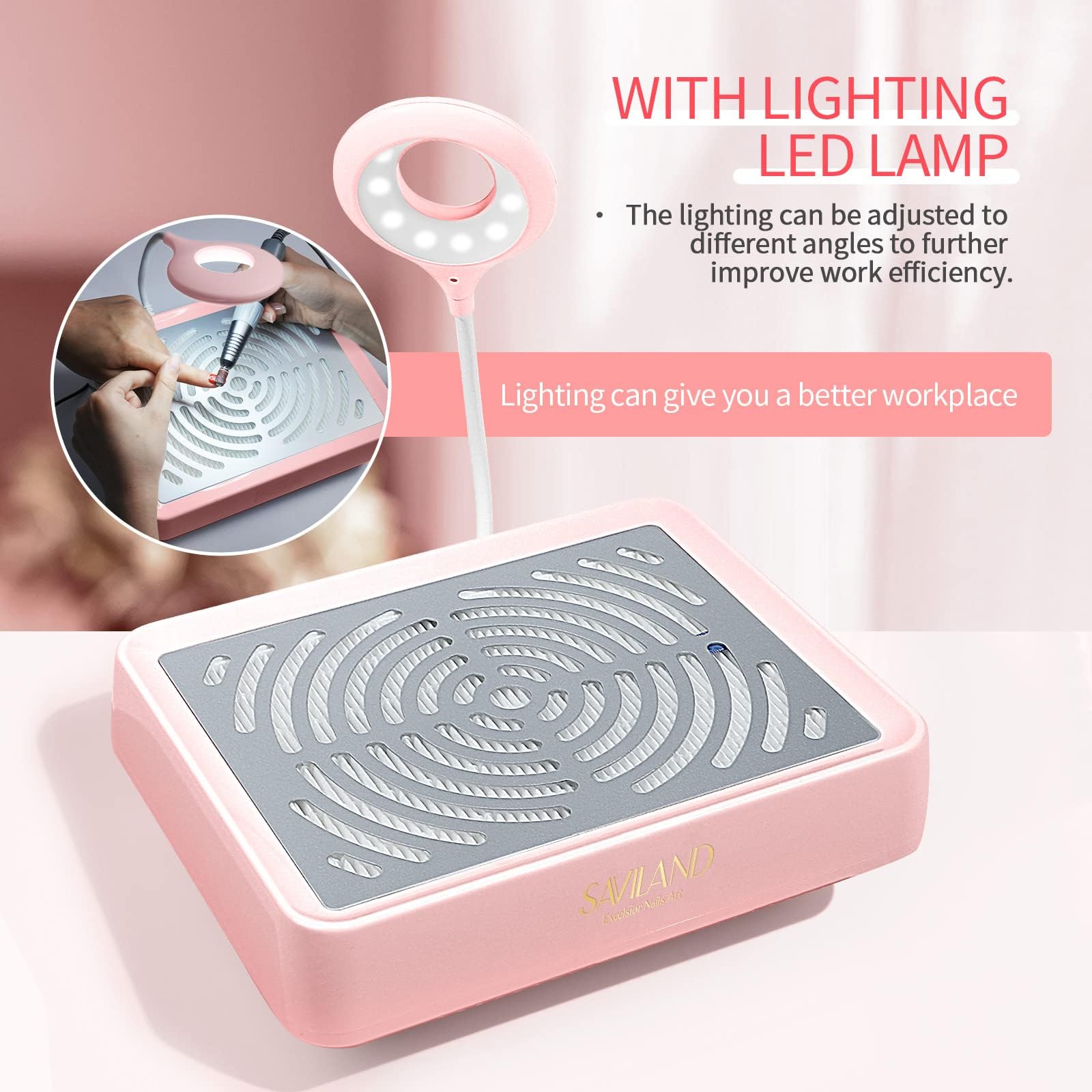 SAVILAND Nail Dust Collector con iluminación ajustable para buena visibilidad.