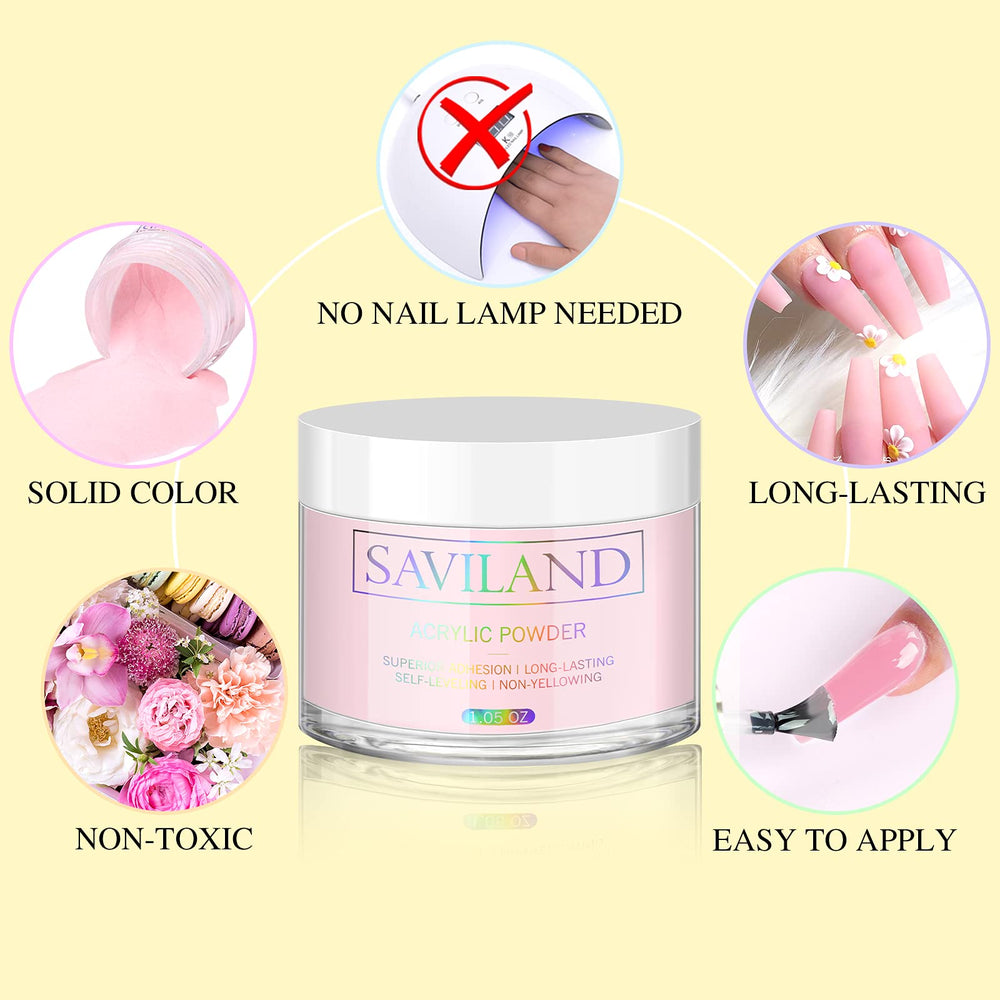 Saviland polvo acrílico rosa 30 g, aplicación rápida sin lámpara necesaria.