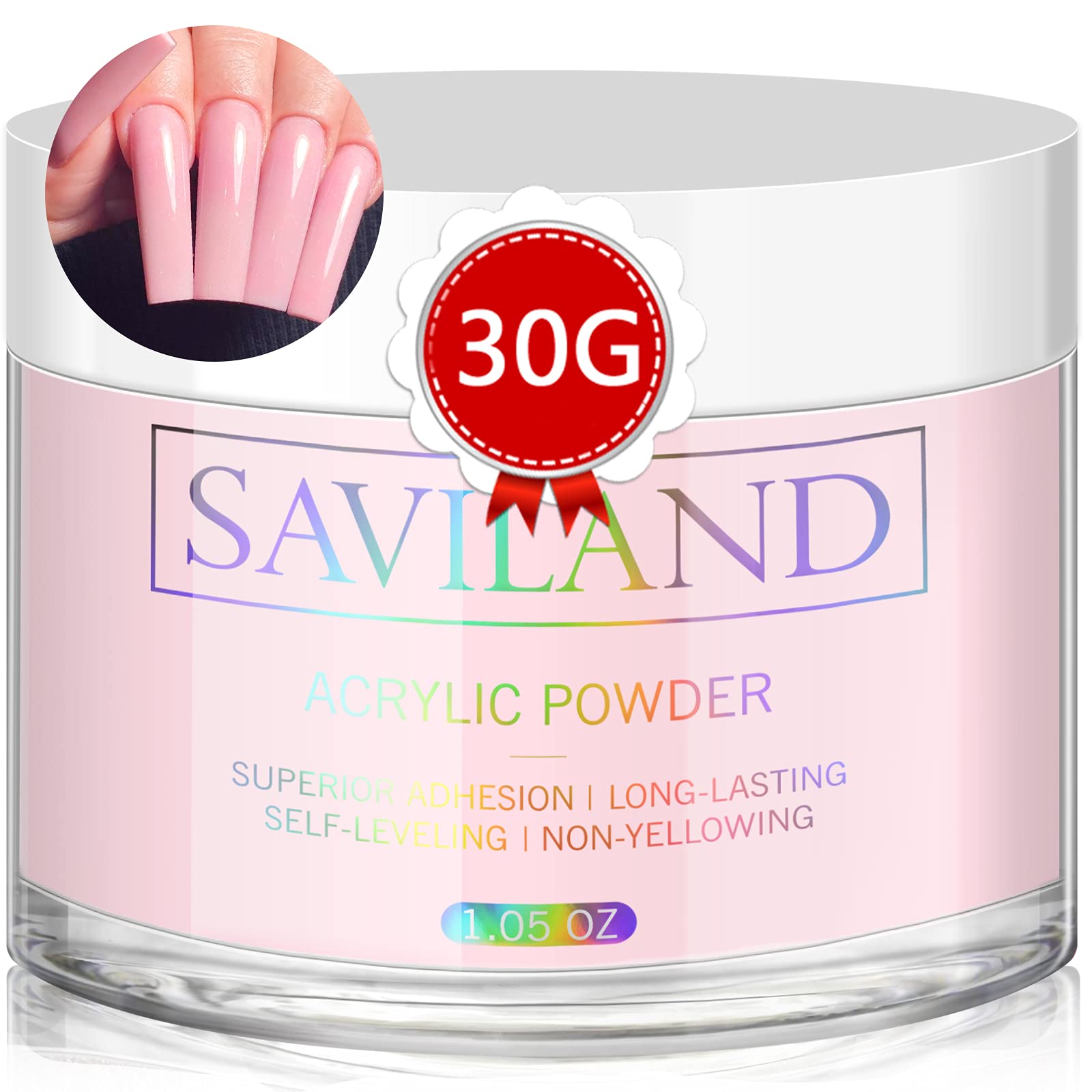 Polvo acrílico rosa Saviland 30 g en empaque atractivo para exhibición.