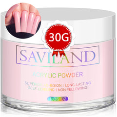 Polvo acrílico rosa Saviland 30 g en empaque atractivo para exhibición.