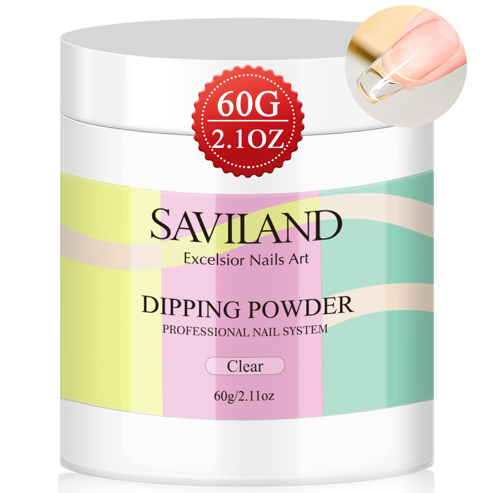 Polvo dip claro SAVILAND en bote, base neutra para uñas naturales y diseños.
