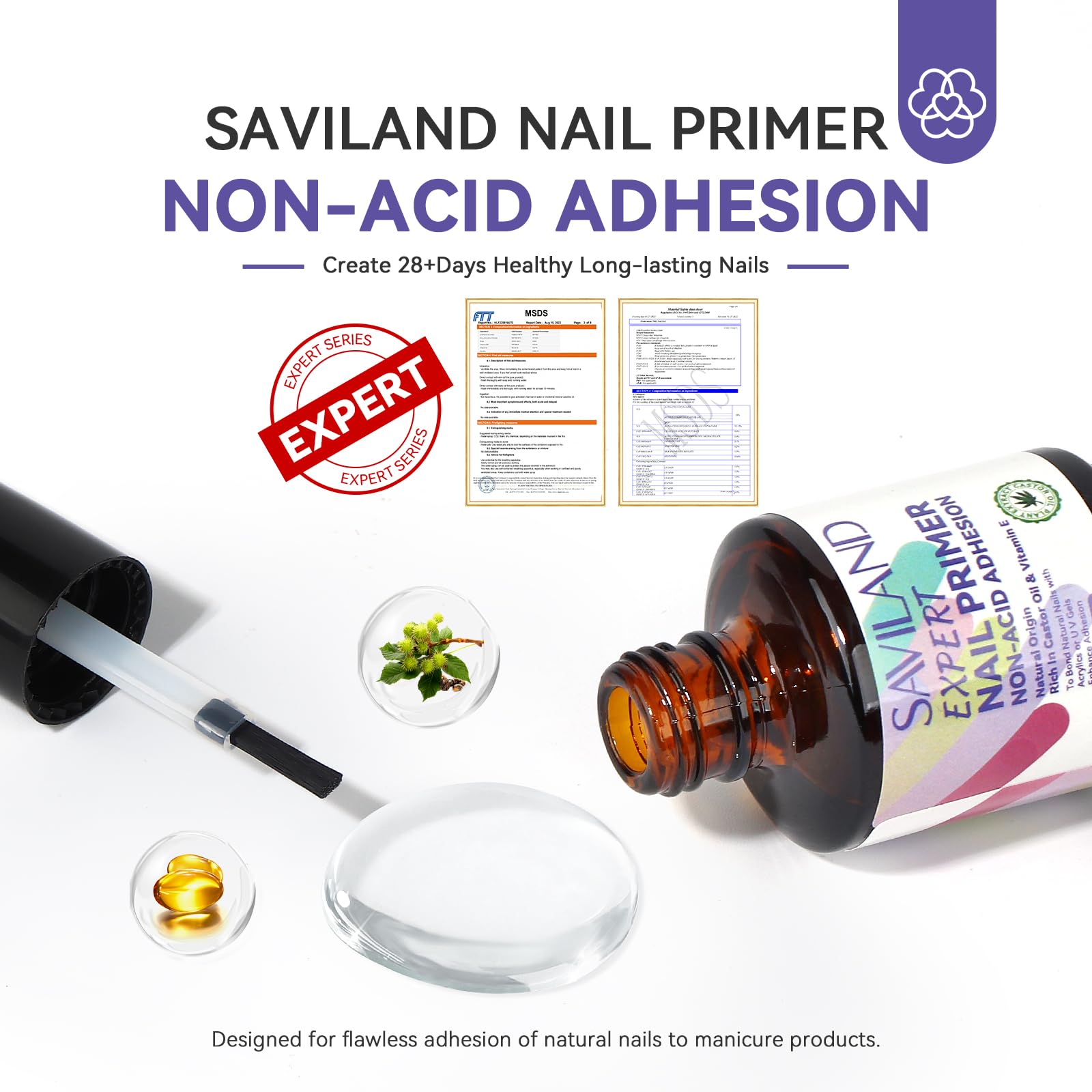SAVILAND primer con vitamina E y aceite de ricino, enfocado en ingredientes que nutren uñas.