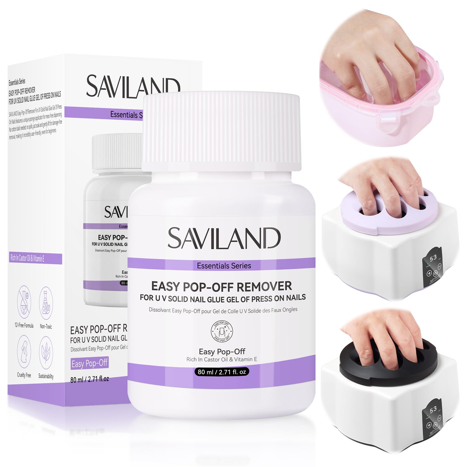 SAVILAND quita-esmalte pegamento-80ml con esponja para retirar uñas de forma suave.