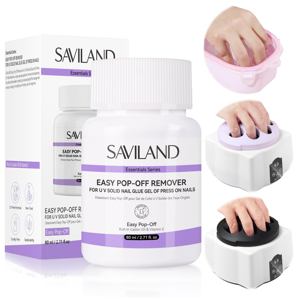 SAVILAND quita-esmalte pegamento-80ml con esponja para retirar uñas de forma suave.