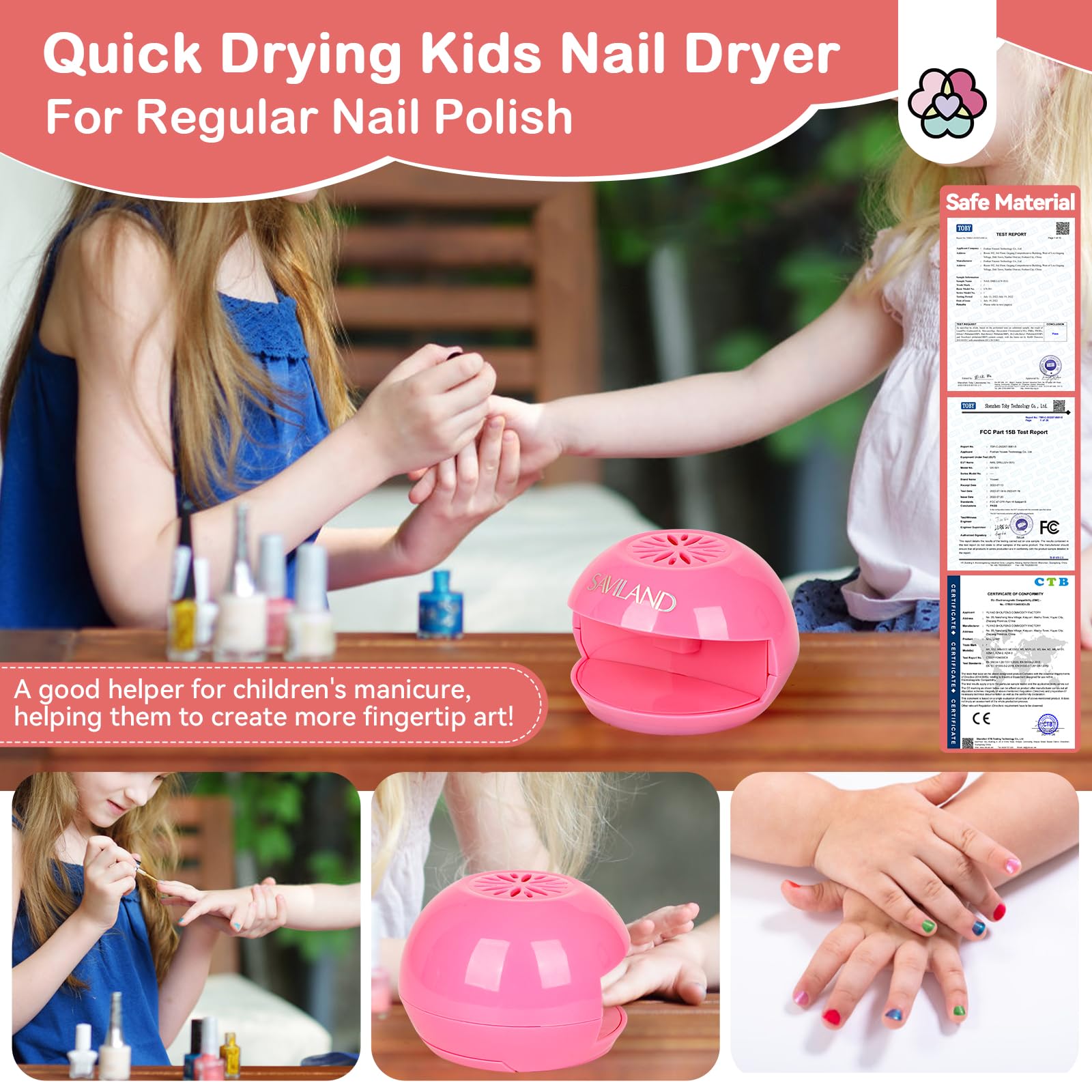 SAVILAND secador de uñas para niñas, diseño portátil y seguro.