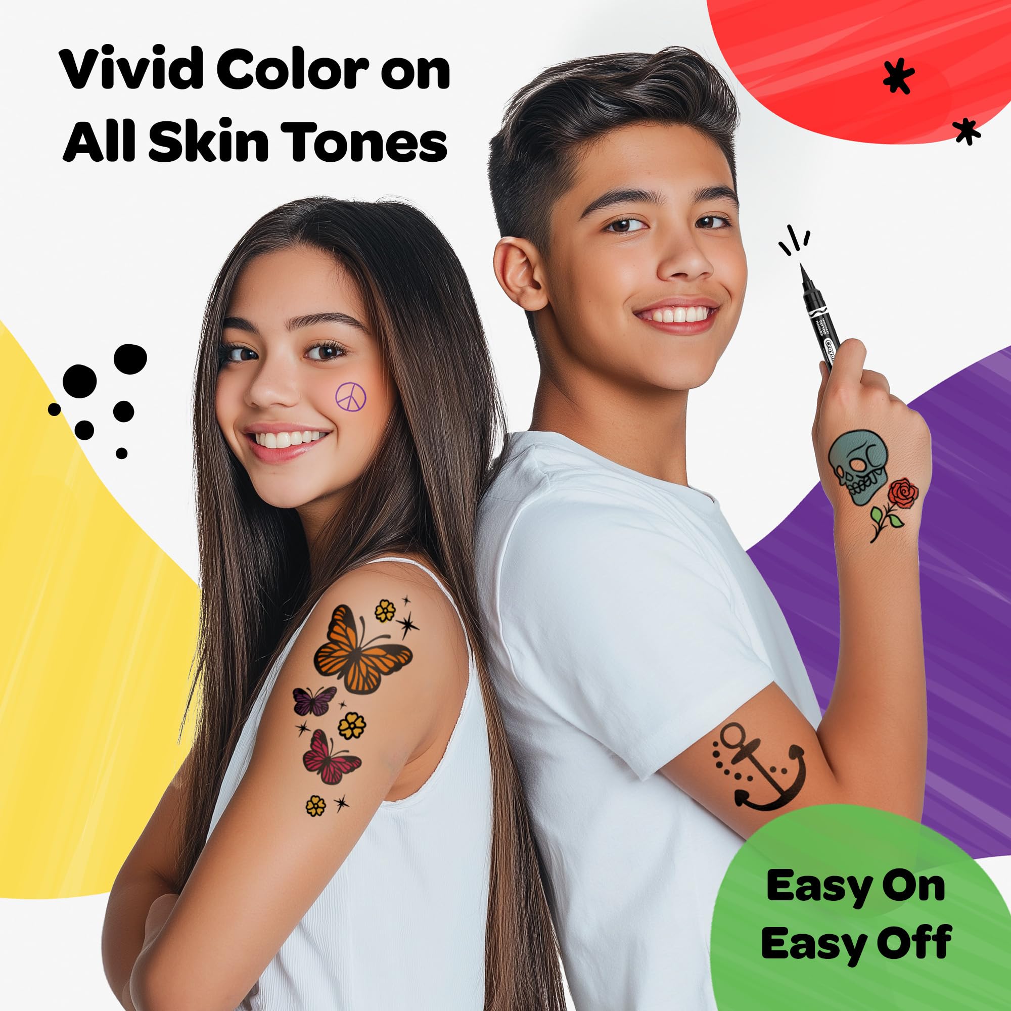 Savvi Crayola tatouage temporaire lavable, retrait facile au savon et à l'eau.
