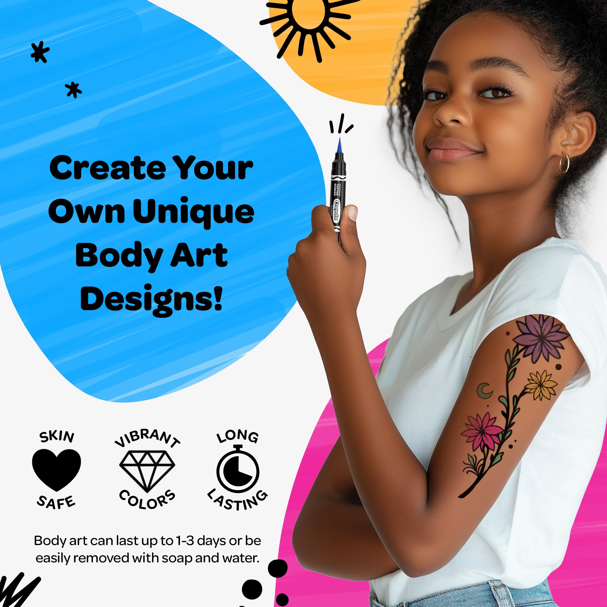 Savvi Crayola tatouages temporaires sur peau, couleurs vives et lavables.