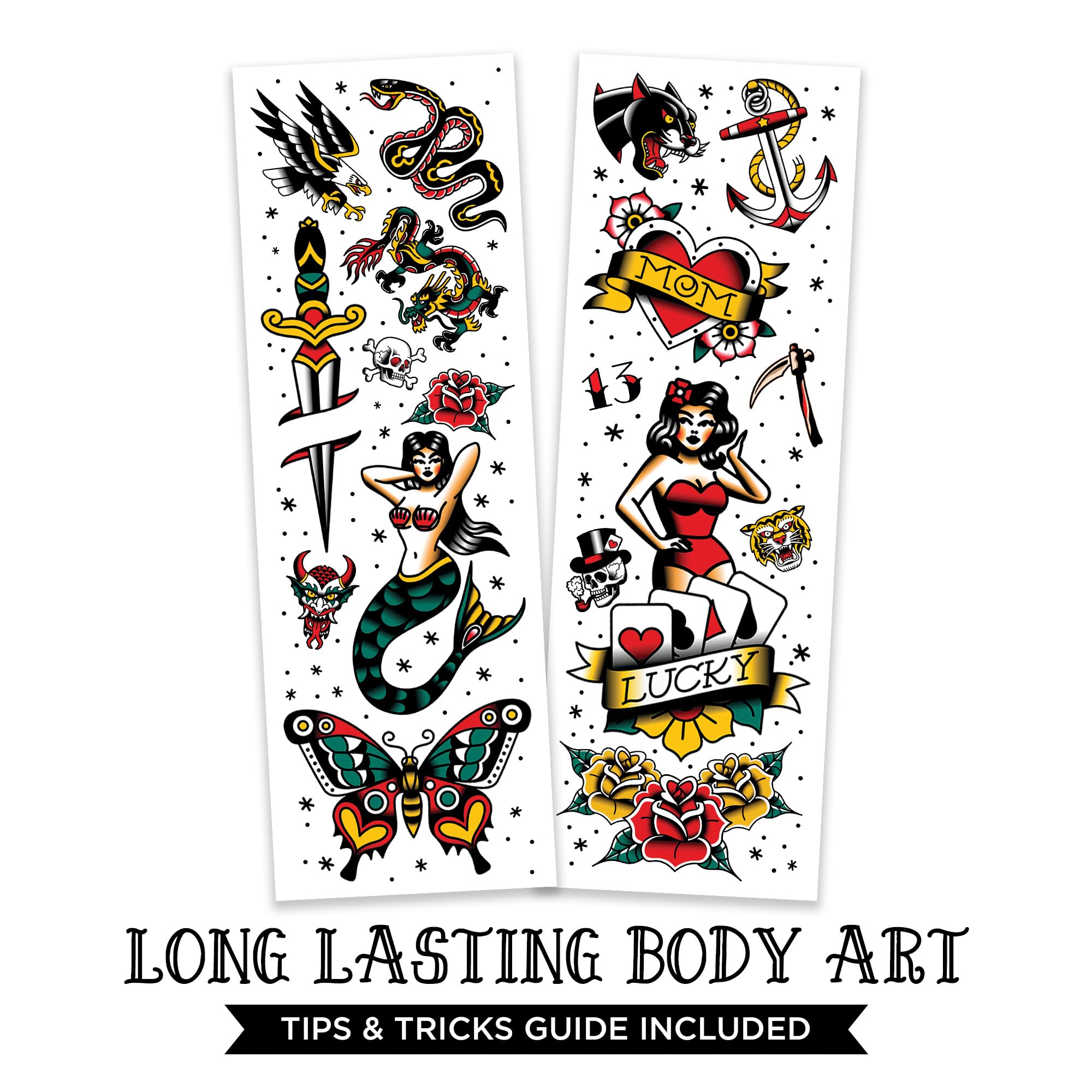 Savvi: hojas de tatuajes temporales, arte tradicional listo para elegir.