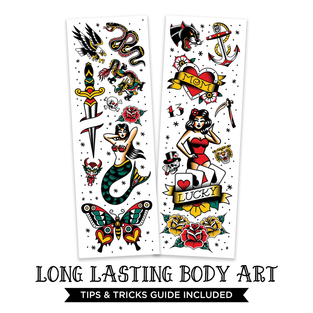 Savvi: hojas de tatuajes temporales, arte tradicional listo para elegir.