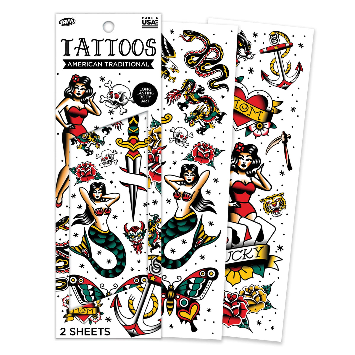 Savvi: tatuajes temporales americanos en la caja, ideal para fiestas y estilo.