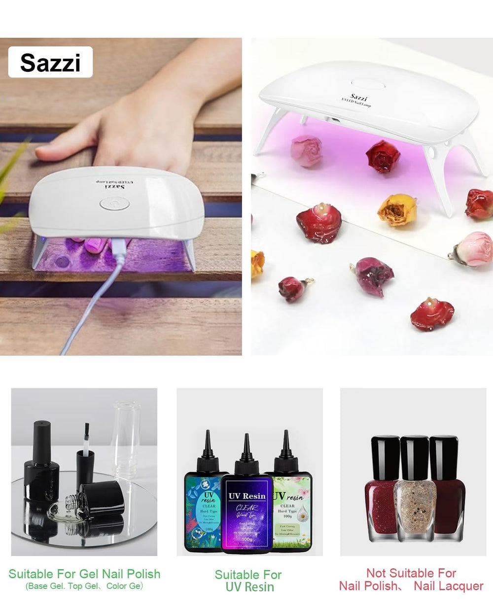 Lampara UV de Sazzi con diodos compactos para curado en casa.