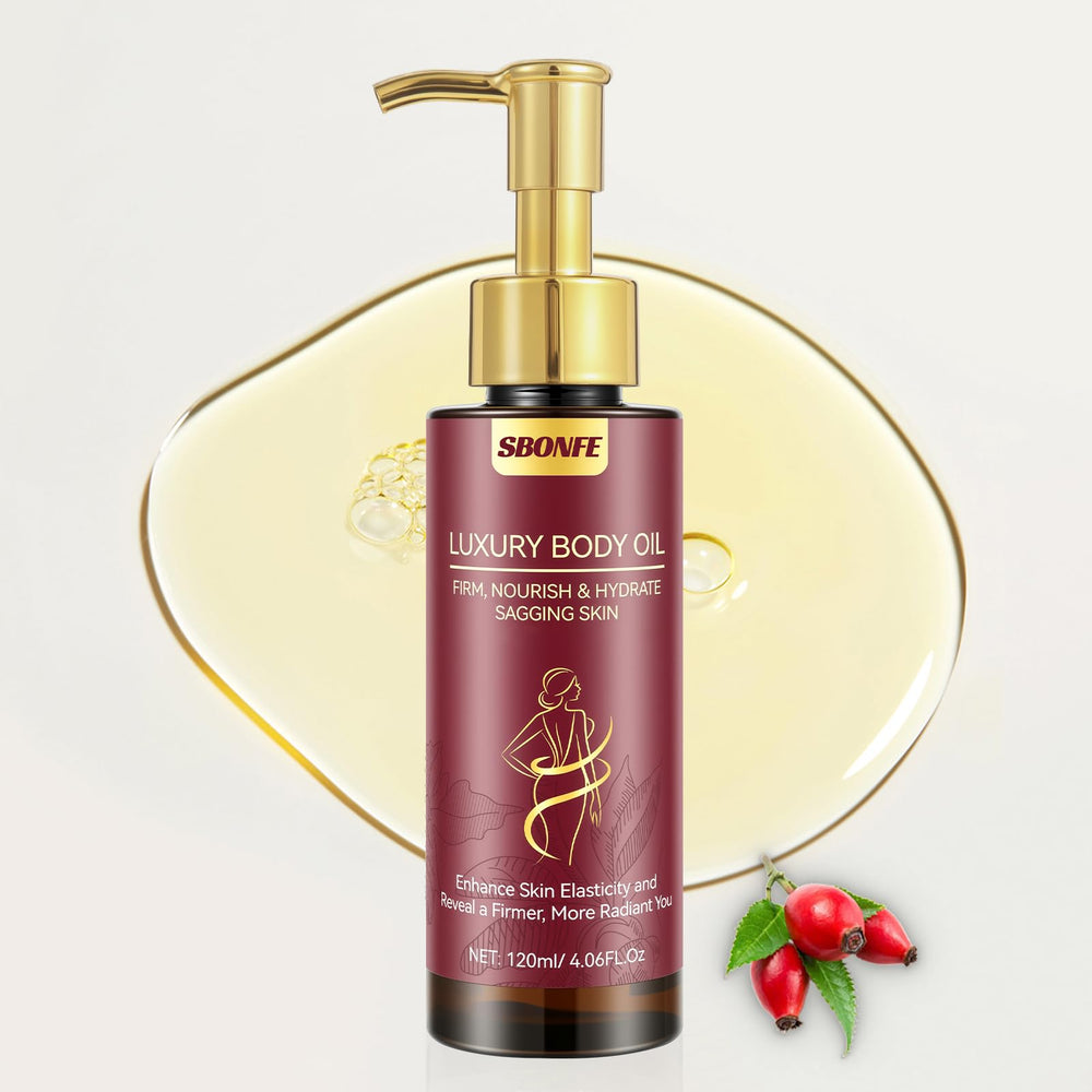SBONFE Aceite Reafirmante para el cuerpo, frasco elegante y brillo suave.