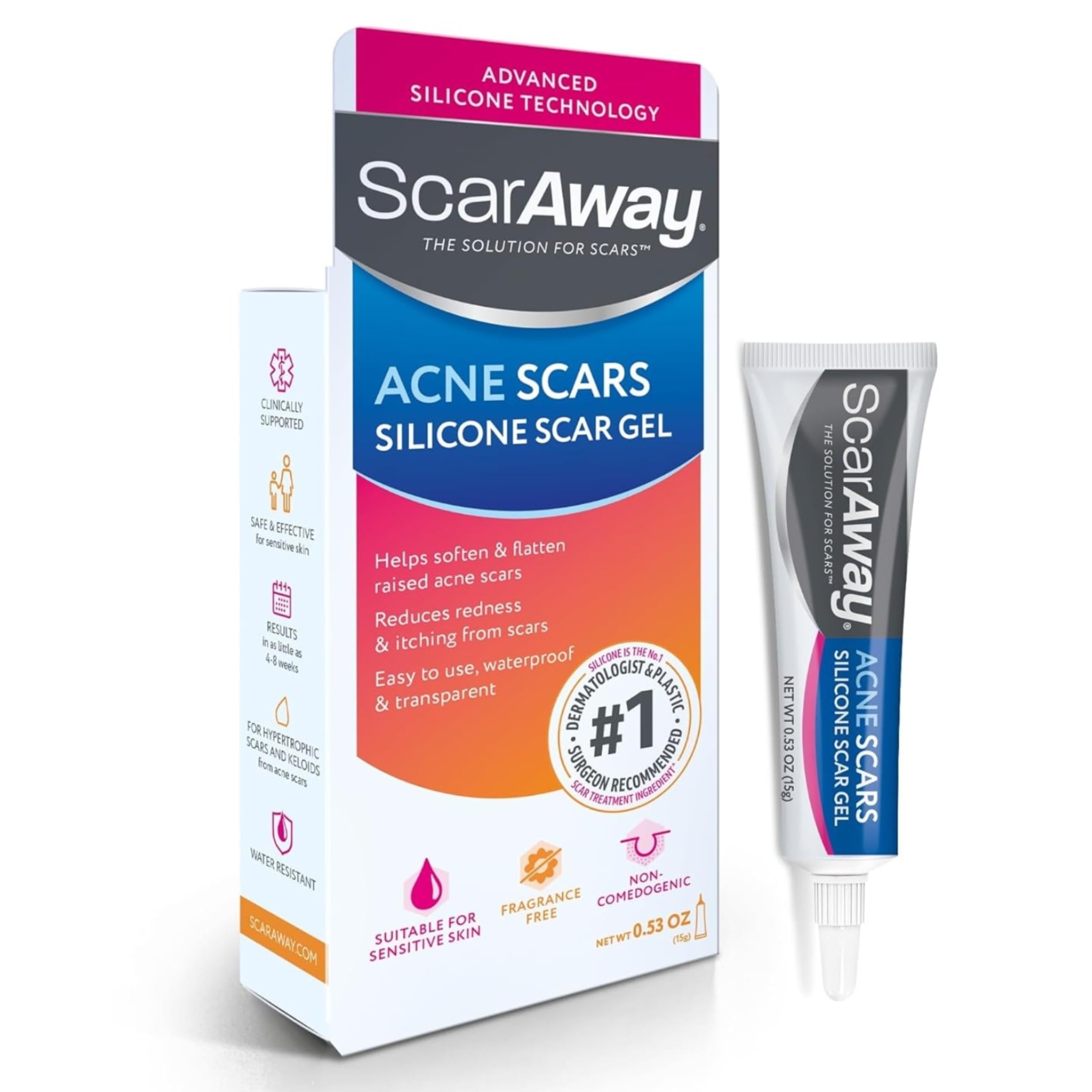 ScarAway: botella de gel de silicona médica para cicatrices suaves.