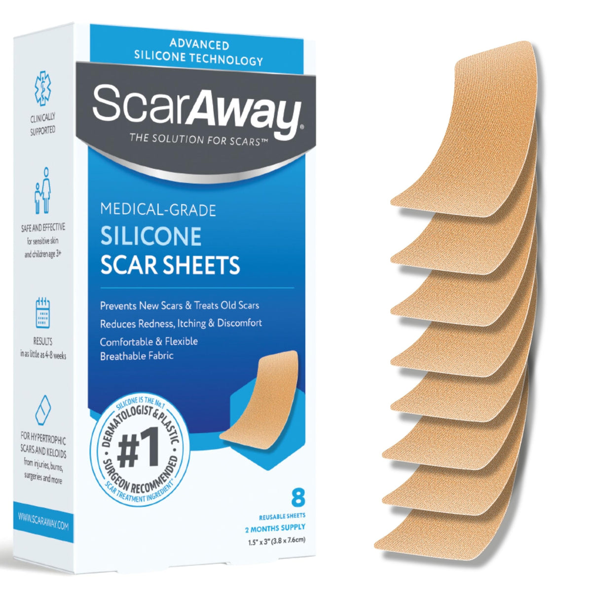 ScarAway feuilles silicone avancées emballage: pratique pour le soin des cicatrices.