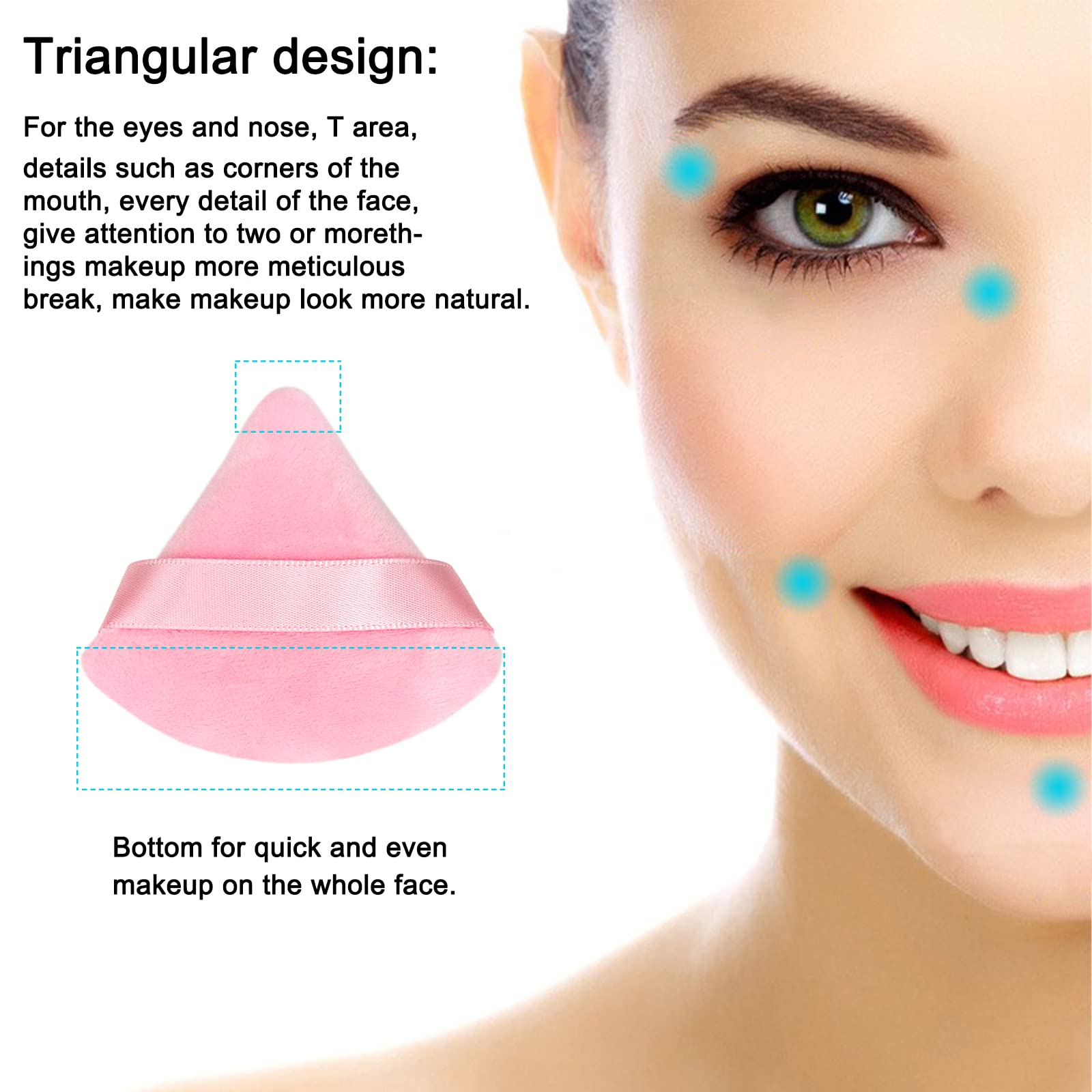 Puf triangular con asa de cinta Scartink, control cómodo al aplicar maquillaje.