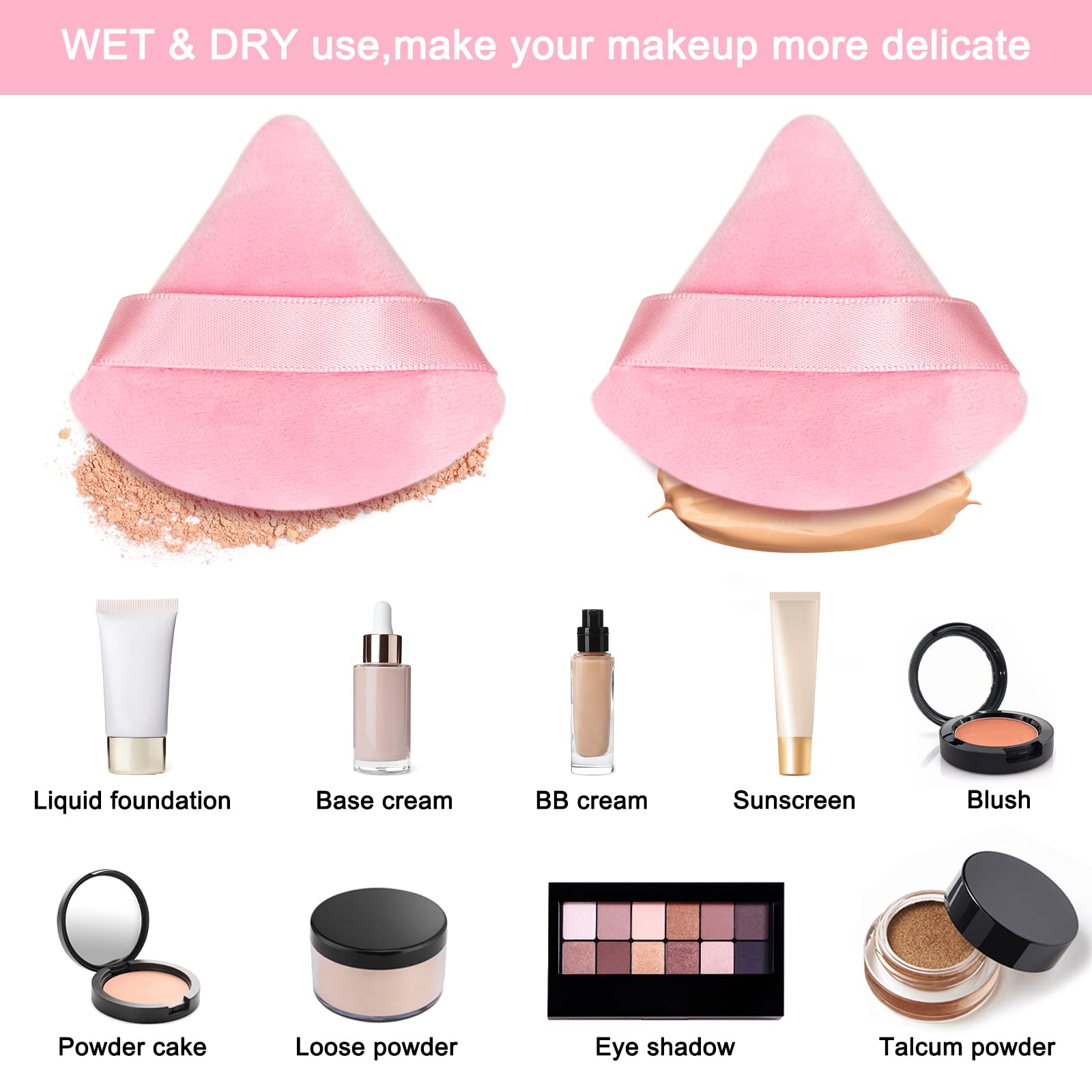 Scartink puf triangular rosa, ayuda a cubrir de forma uniforme todo el rostro.