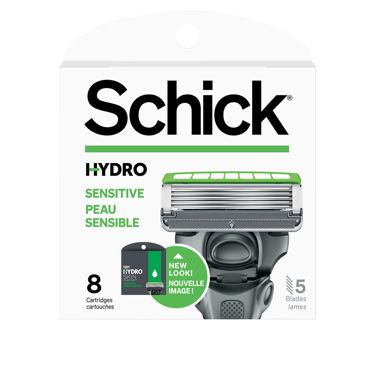 Schick Hydro 5 Sense recambios para piel sensible en empaque de ocho unidades.