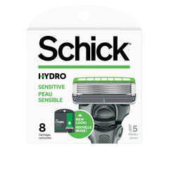 Schick Hydro 5 Sense recambios para piel sensible en empaque de ocho unidades.