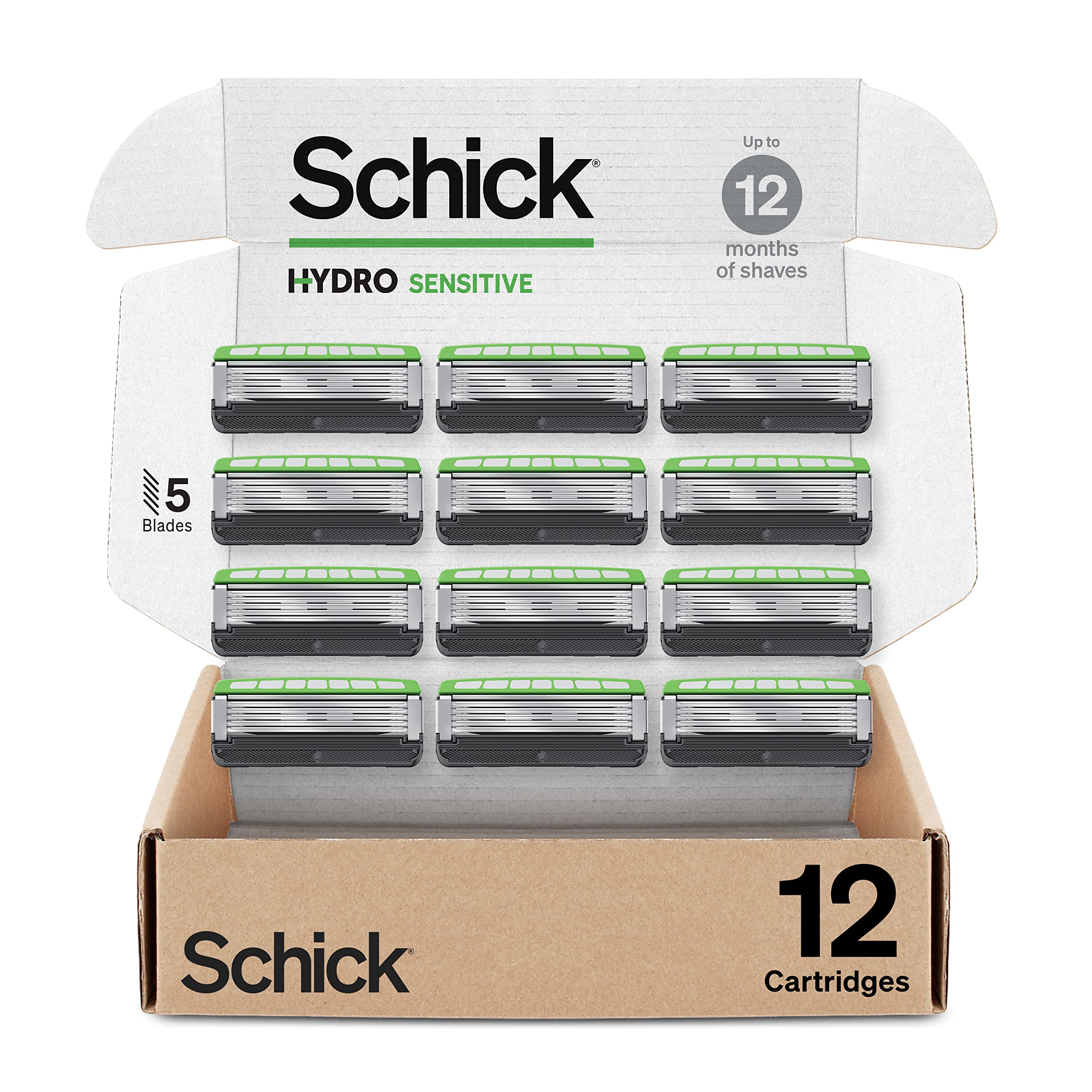 Cartouches Hydro Sensitive Schick dans leur emballage, prêt à l'emploi pour un rasage doux.