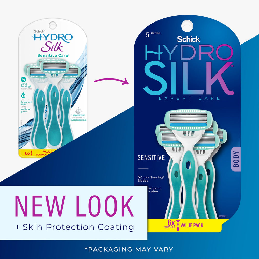 Schick Hydro Silk Sensitive, hojas curvas que se ajustan para un afeitado cercano.