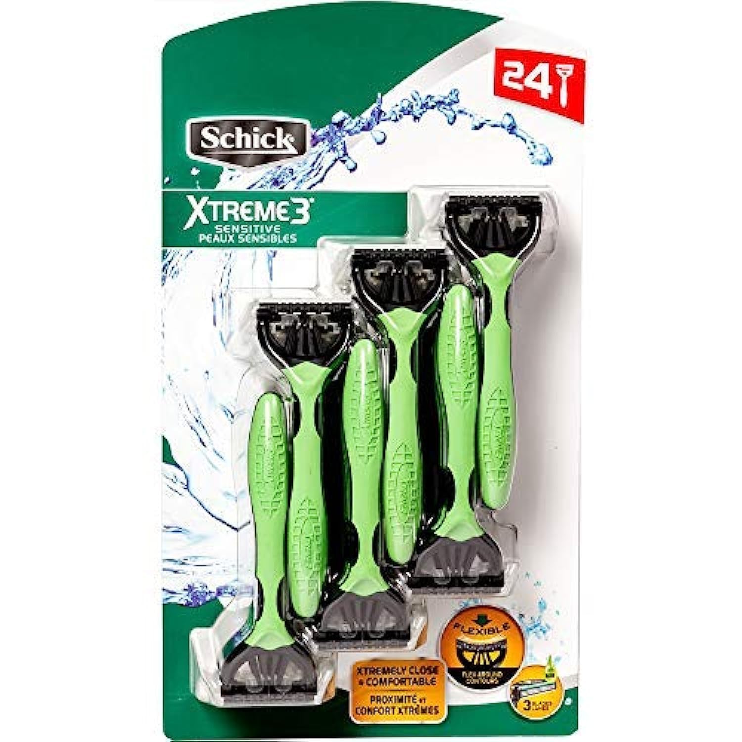 Schick Xtreme 3 Sensitive Razor 24-pack in packaging for bulk convenience.