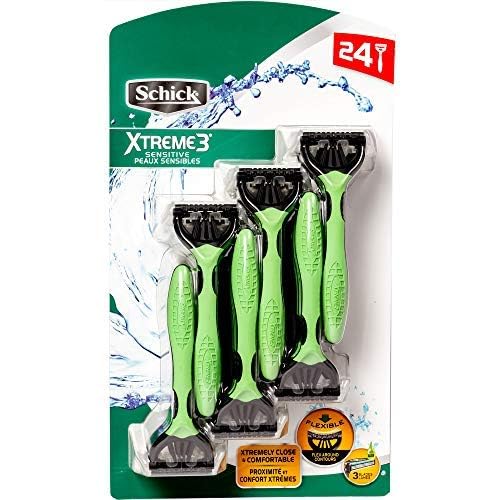 Close-up of the Schick Xtreme 3 Sensitive Razor head for a smooth glide on sensitive skin.