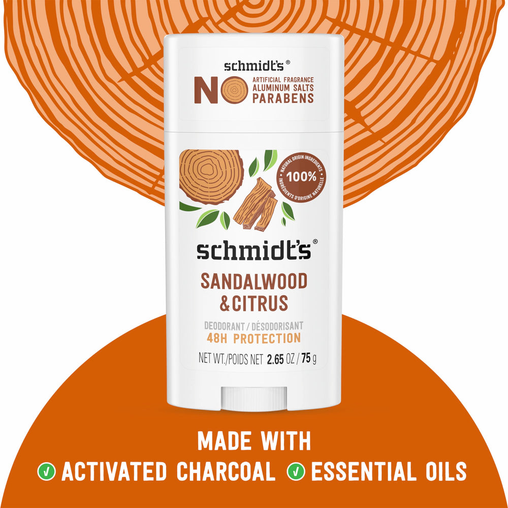 Schmidt's Sandalwood y Citrus, árbol de té y lavanda para aroma natural.