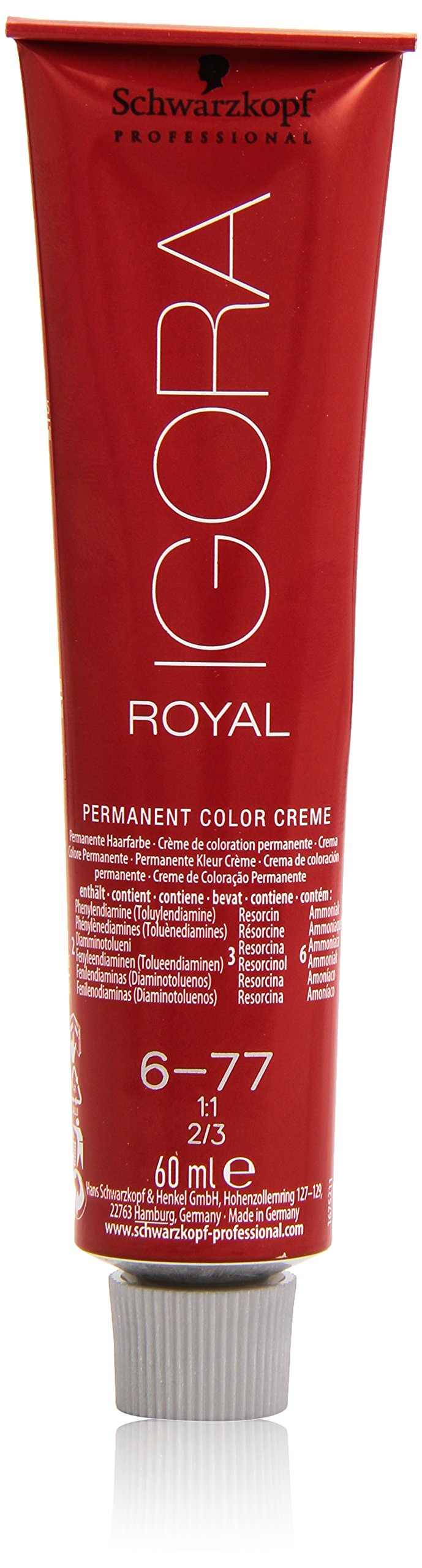 Schwarzkopf Igora Royal bottle shows 6-77 copper-dark blonde with vibrant color