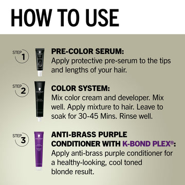Schwarzkopf Keratin Blonde sistema refuerzo de enlaces fortalece el cabello durante el proceso.