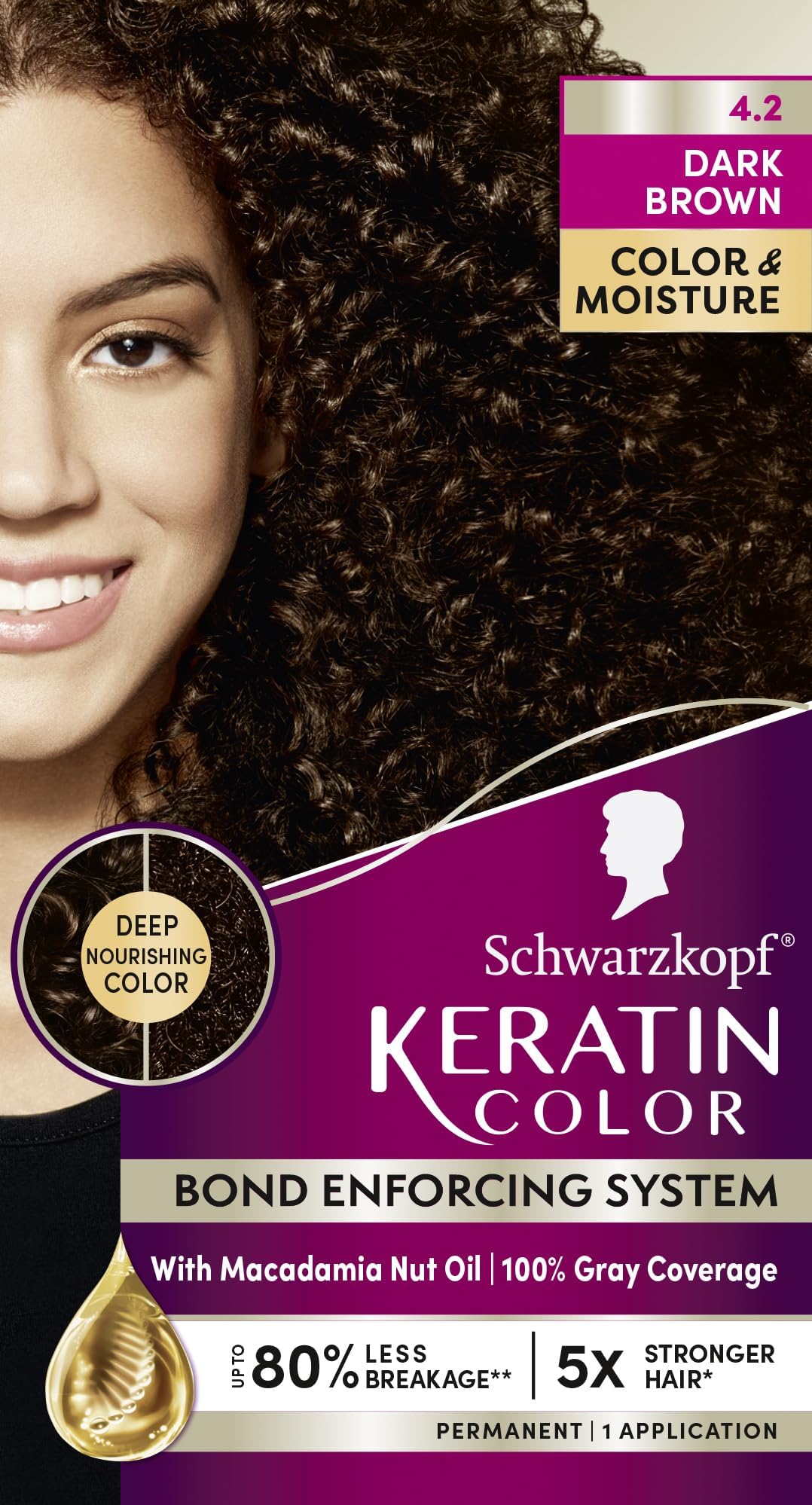Schwarzkopf Keratin Color: tono 4.2 marrón oscuro para un color profundo.