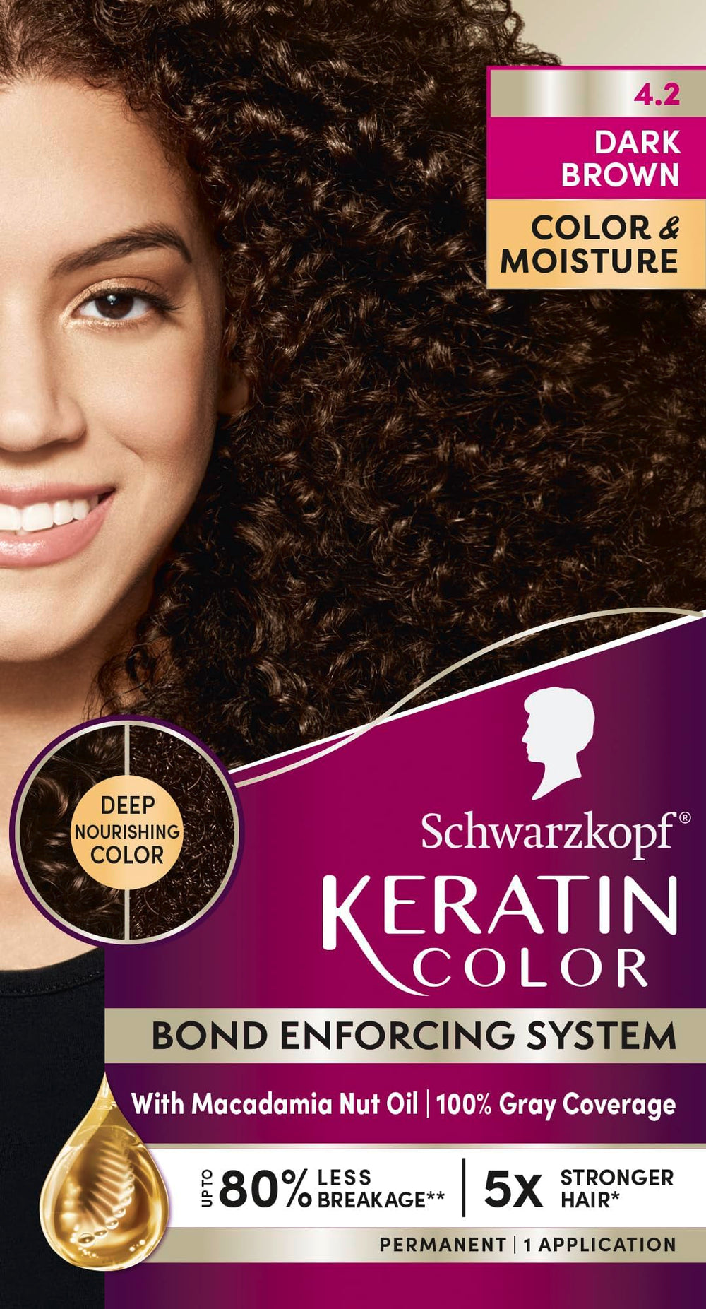 Schwarzkopf Keratin Color: tono 4.2 marrón oscuro para un color profundo.