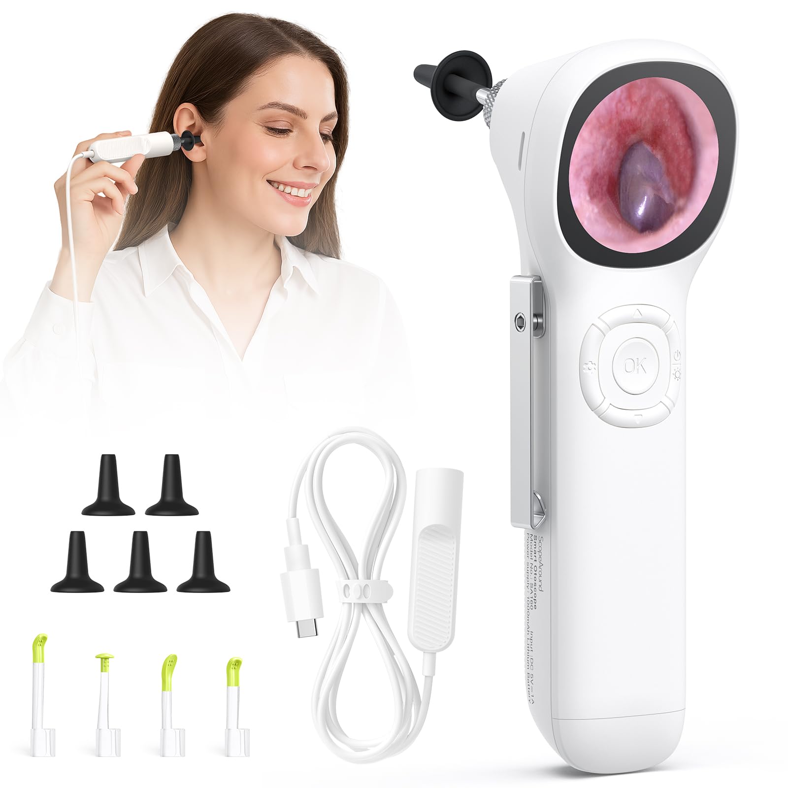 ScopeAround Otoscopio con luz y pantalla IPS para inspecciones claras.