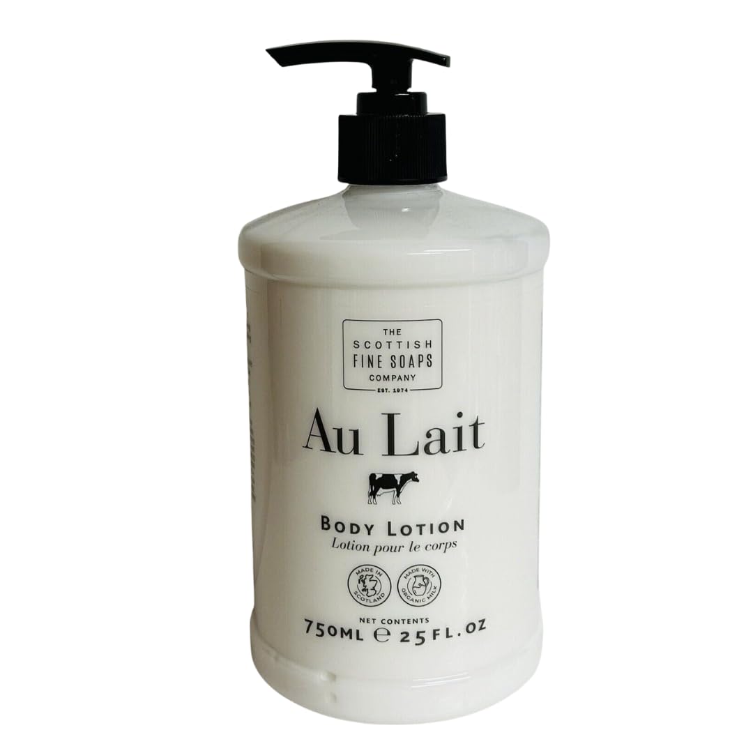 Scottish Fine Soaps Au Lait Locion Corporal, vertido suave de la botella para hidratar todo el cuerpo.