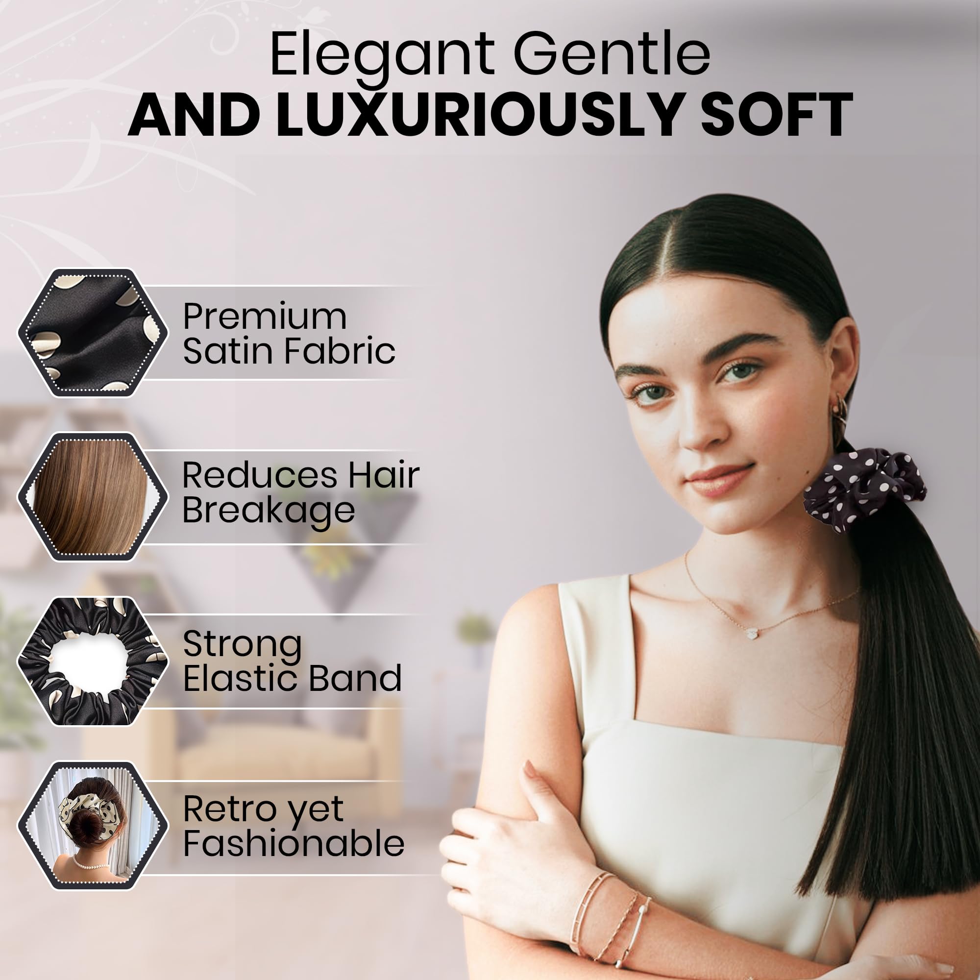 Scrunchies satinados grandes con borde perlado negro, toque elegante.