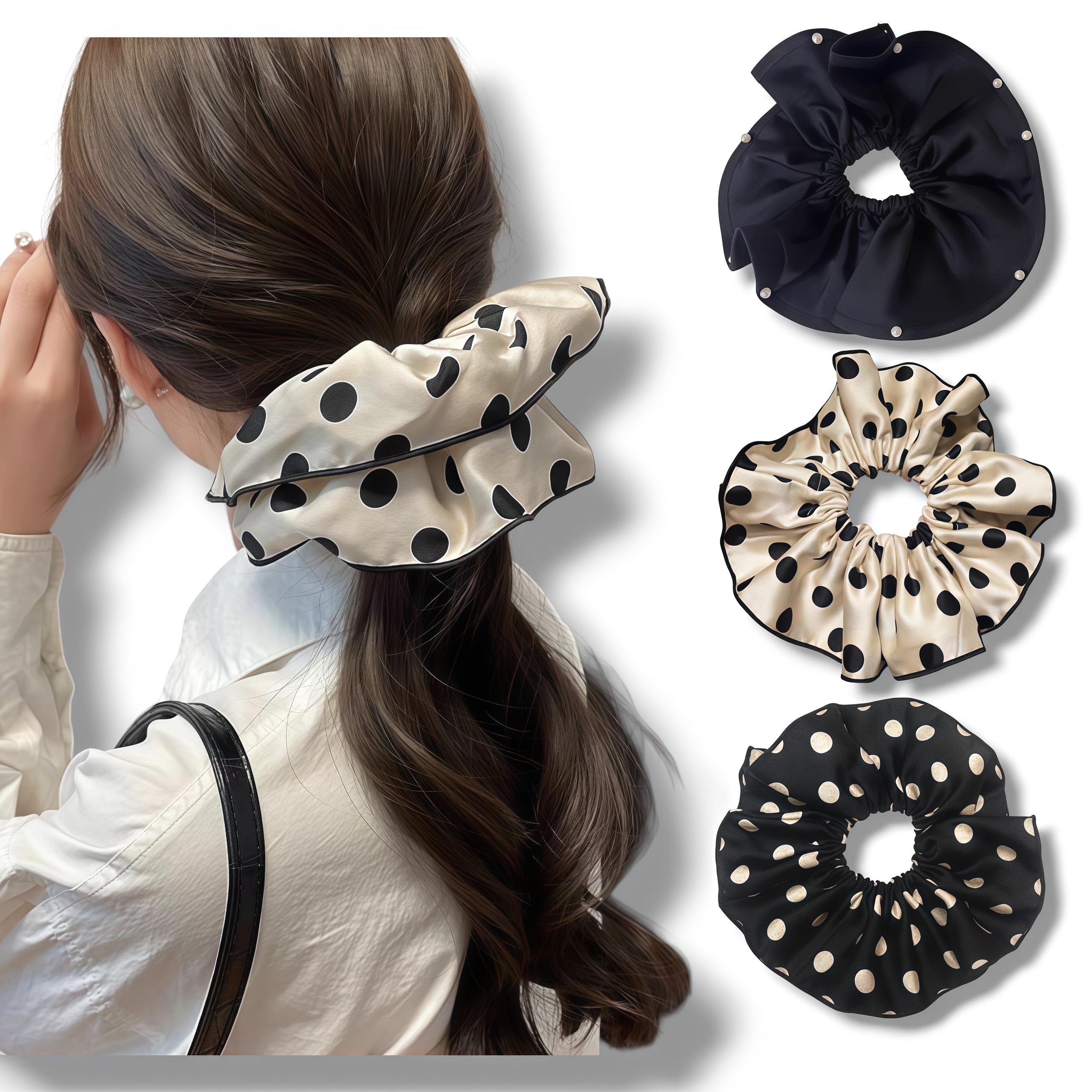 Scrunchies satinados negros con perlas en el borde, apariencia sofisticada para eventos.