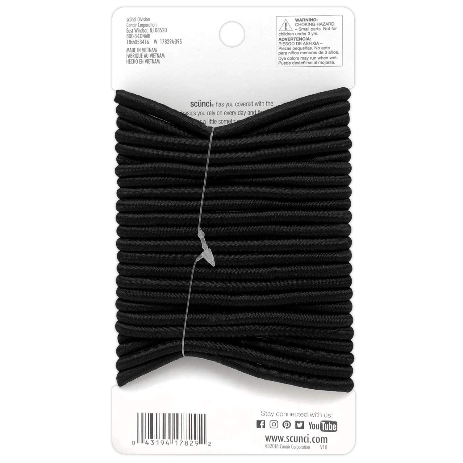 Elásticos Scunci color negro, grosor de 5 mm, opción discreta para peinados duraderos.