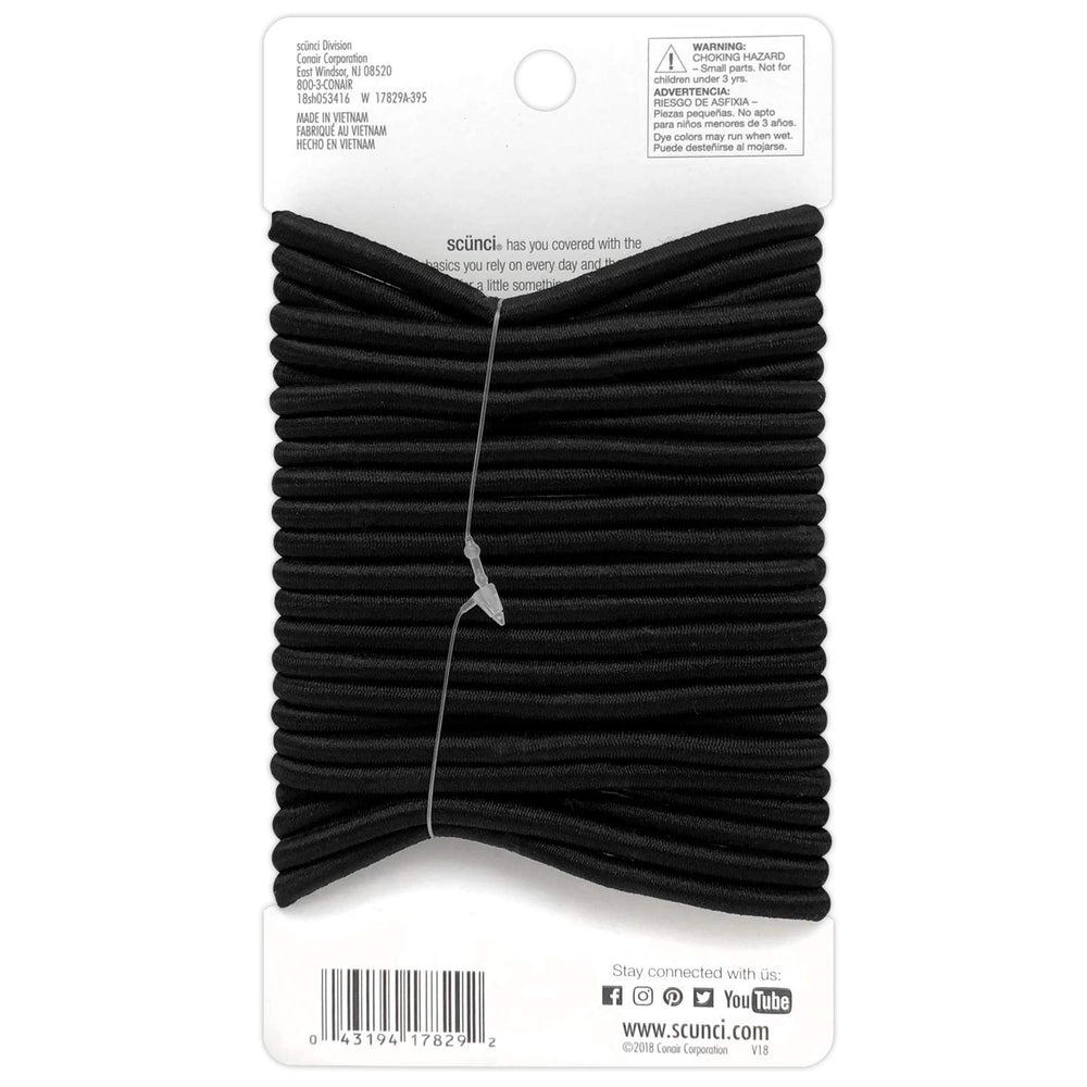 Elásticos Scunci color negro, grosor de 5 mm, opción discreta para peinados duraderos.