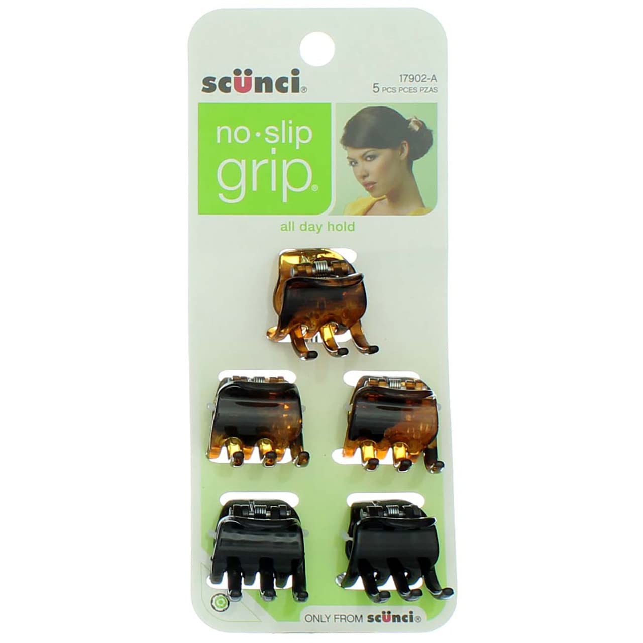 Pinza mini Scunci antideslizante negra, ideal para fijar peinados estables.