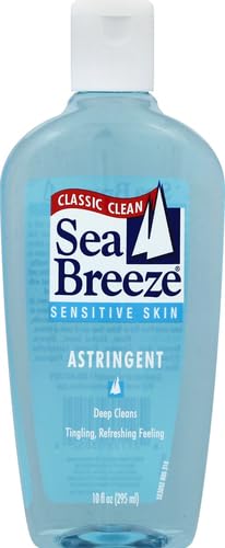 Seabreeze tonico facial etiqueta visible, descripción de limpieza suave para piel sensible